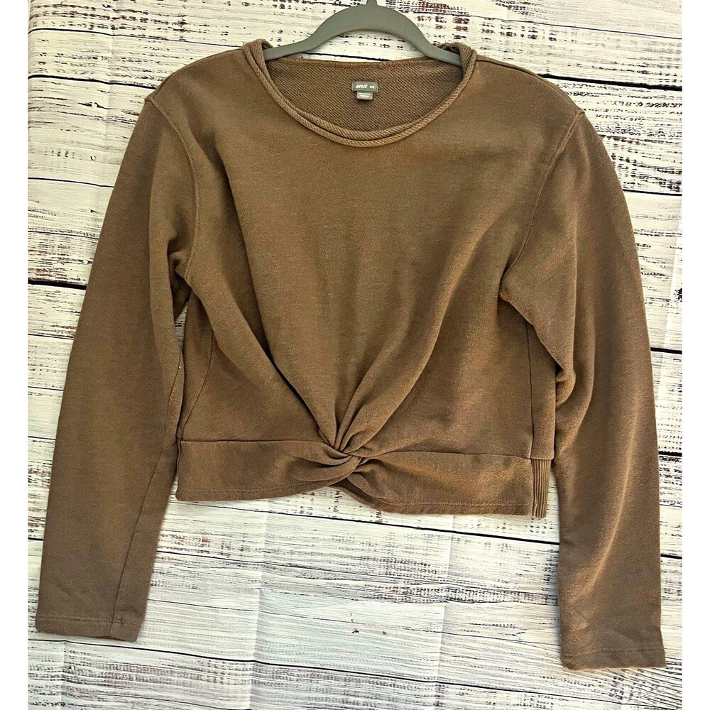 Aerie Brown Front Twist Cropped Sweatshirt French Terry Raw Neckline Medium M